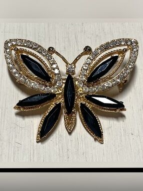 Gold Black Rhinestone Bead Butterfly Brooch Pin Accessory Vintage Fairycore